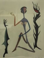 15 - Frauenfigur mit Baeumen - 1957 - 36 x 28 - Gouache auf Papier - Signiert